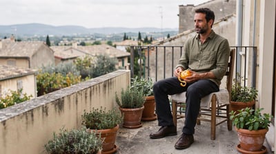 A man sits on a small balcony peeling an orange