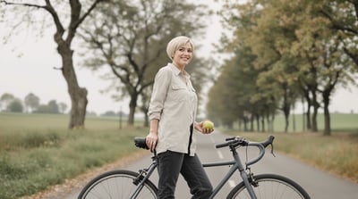 A woman stands beside a bicycle in a quiet lane holding an apple