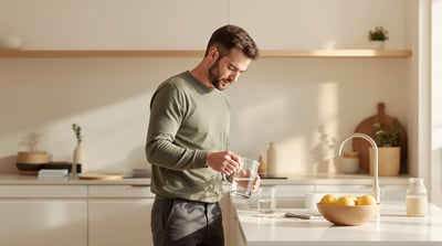 A man fills a glass of water from a jug at a clear kitchen counter in morning light