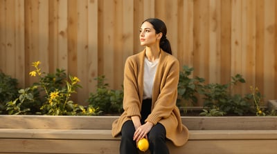 A woman sits on the edge of a raised garden bed holding a lemon