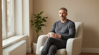 A man sits in a linen armchair beside a bright window, a plain ceramic mug held in both hands