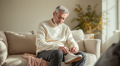 A middle-aged man in a knit jumper and trousers laces a walking shoe while seated on a sofa