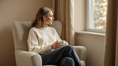 A woman in a cream sweater and charcoal trousers rests in an armchair beside a softly lit window
