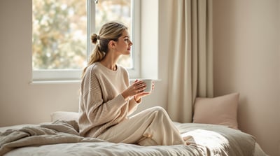 A woman in a long-sleeved knit sweater sits on the edge of a neatly made bed holding a mug in soft morning light