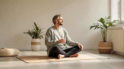 A man sits on a mat in a bright studio with a glass of water
