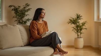 A woman sits on a sofa in a quiet living room with a folded scarf