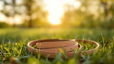 A plain leather dog lead coiled on grass, a close view