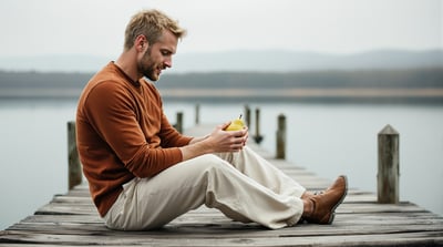 A man sits at the end of a lakeside dock holding a pear