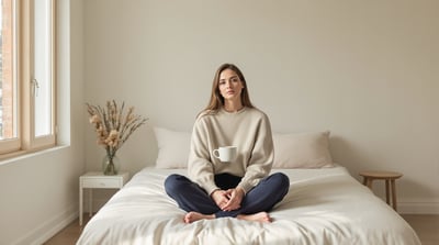 A woman sits on the edge of a bed in a bare, sunlit room, facing the camera with a plain ceramic mug held in both hands.