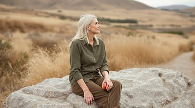 A woman sits on a boulder beside a quiet trail holding an apple