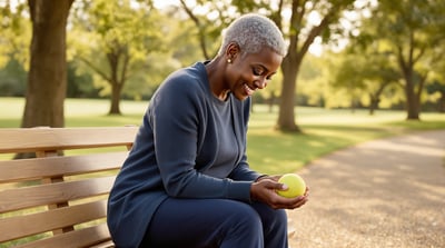 A woman sits on a park bench under trees holding a tennis ball