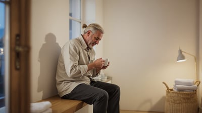 A man sits on a bench in a utility room with a plain mug