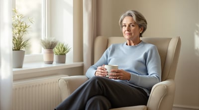 A middle-aged woman sits in an armchair by a sunlit morning window holding a plain mug