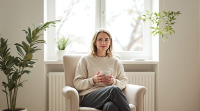 A woman sits in a linen armchair beside a bright window, facing the camera, holding a plain ceramic mug in both hands