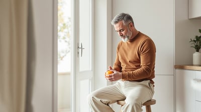 A man sits on a stool beside a kitchen window peeling an orange