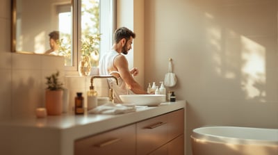 A man partway through an unhurried morning routine at a bright bathroom counter