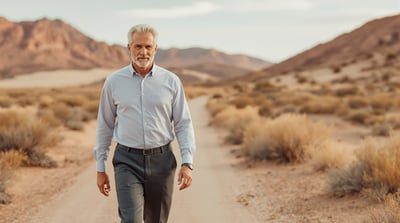 A man in a pale blue shirt walks toward the camera on a quiet desert trail
