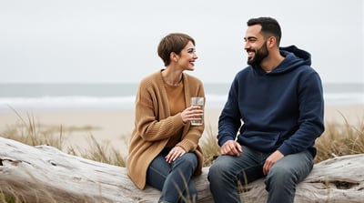 Two friends sit together on a driftwood log above a quiet beach with a glass of water
