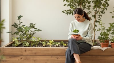 A woman in a sage shirt and charcoal trousers sits beside a raised garden bed with a small pot of seedlings in her lap