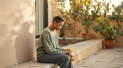 A woman sits on a stone step in a walled courtyard holding a lemon
