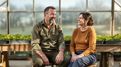 Two friends sit together on a stool in a greenhouse