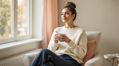 A woman in a cream sweater and navy trousers sits with a mug beside a sunlit window