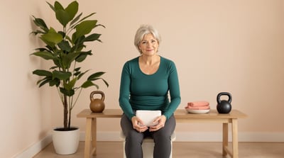A woman rests on a strength-training bench with a rolled towel in her lap