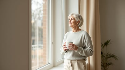 A woman in a sage knit top and cream trousers holds a ceramic mug beside a window in soft morning light