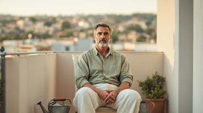 A man sits on a small balcony beside a watering can