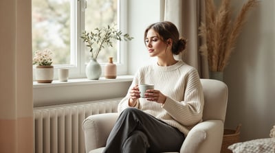 A woman in a cream knit jumper and full-length charcoal trousers sits beside a morning window holding a plain mug