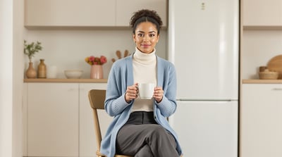 A woman in a blue cardigan sits with a mug in a calm matte-white kitchen