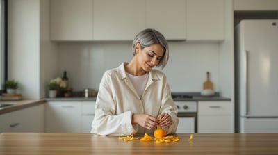 A woman sits at a plain kitchen table peeling an orange