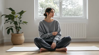 A woman sits on a mat in a bright studio with a glass of water