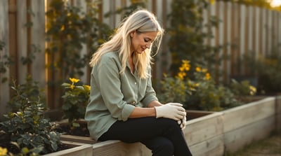 A woman sits on the edge of a raised garden bed holding gardening gloves