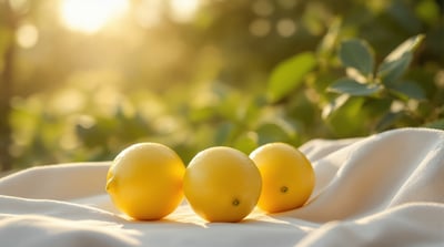 Three lemons on plain linen, a close view