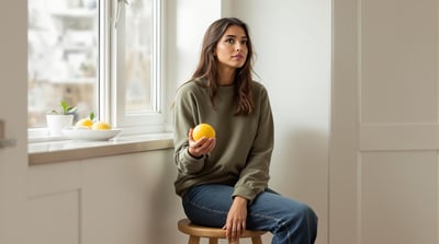 A woman sits on a stool beside a kitchen window holding a lemon