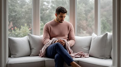 A man sits on a window seat with a folded scarf