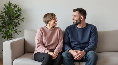 Two friends sit together on a sofa in a quiet living room