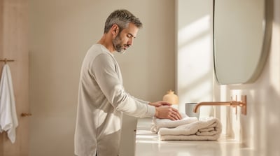 A man in a long-sleeve top folds a linen towel at a sunlit bathroom counter in the morning
