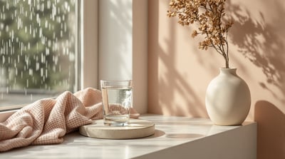 A plain glass of water on pale stone, a close view