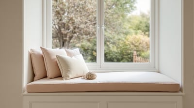 An empty window seat with a ball of yarn