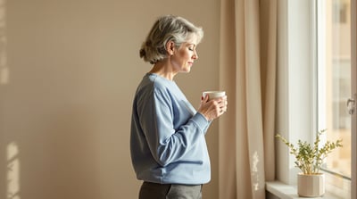 A woman in a blue shirt and charcoal trousers stands by a sunlit window holding a ceramic mug