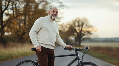 A man stands beside a bicycle in a quiet lane with a glass of water