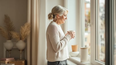 Middle-aged woman in knitwear holds a tea cup by a bare window