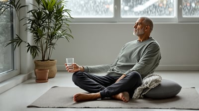 A man sits on a mat in a bright studio with a glass of water