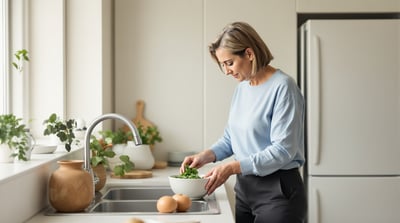 A woman rinses leafy greens in a bright matte-white kitchen