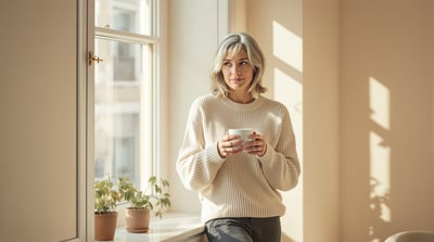 A woman in knitwear pauses with a mug of tea beside a sunlit windowsill
