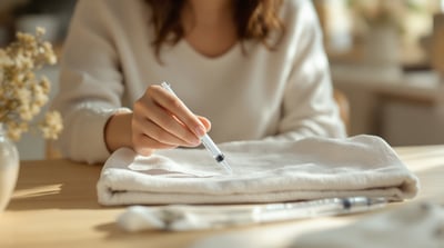 A hand rests a clean, capped, unbranded injection pen on a folded towel on a pale table in soft window light