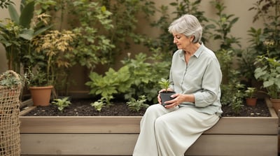 An older woman sits at the edge of a raised garden bed with a small pot of seedlings in her lap