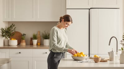 A woman places lemons in a ceramic bowl in a quiet matte-white kitchen